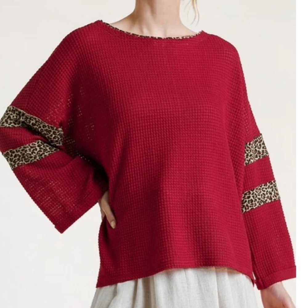 Umgee Red Waffle Knit Animal Leopard Print Long Sleeve Oversized Small